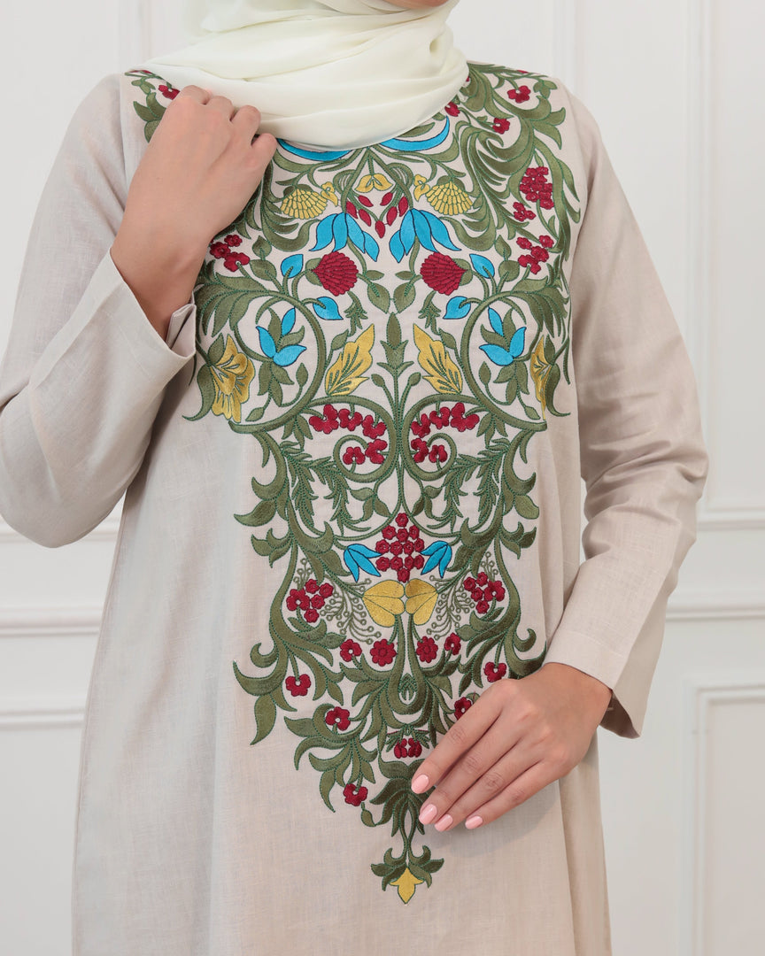 Pure Linen Embroidery Jalabiya - Beige