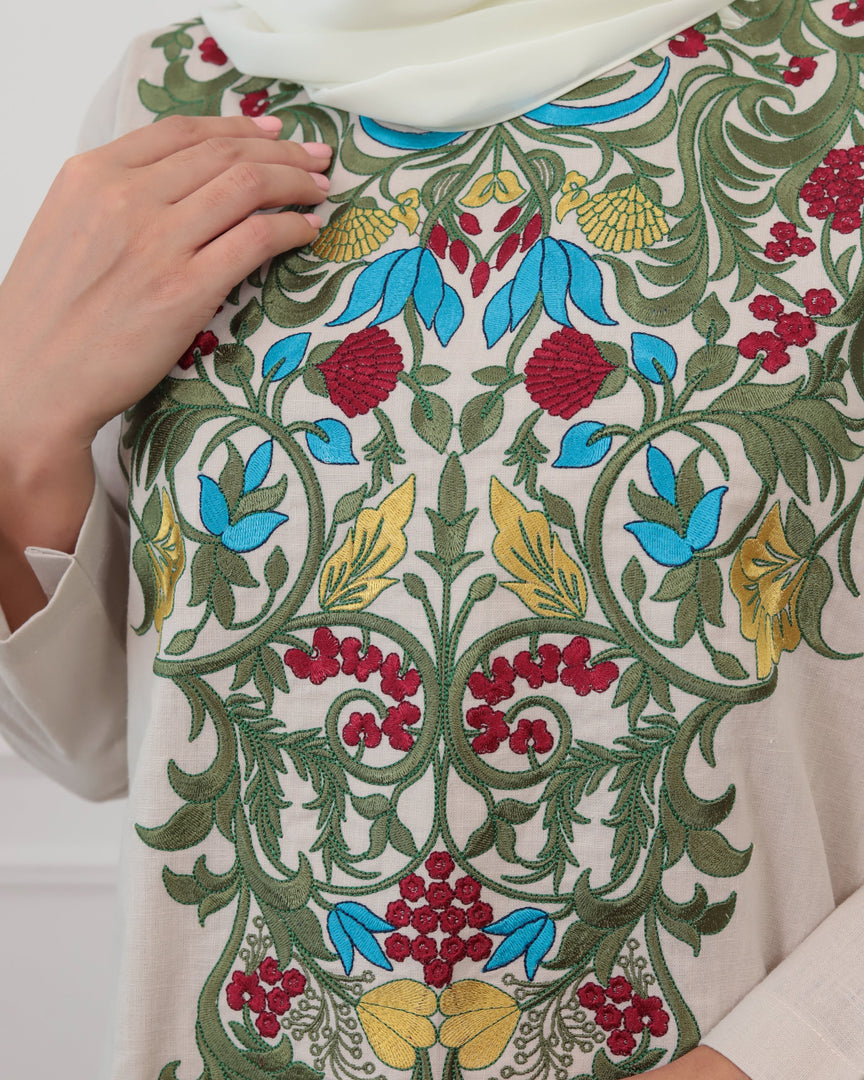 Pure Linen Embroidery Jalabiya - Beige