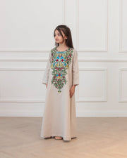 KIDS Pure Linen Embroidery Jalabiya - Beige