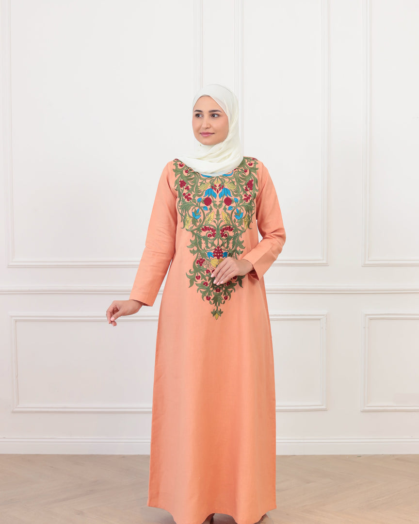 Pure Linen Embroidery Jalabiya - Peach