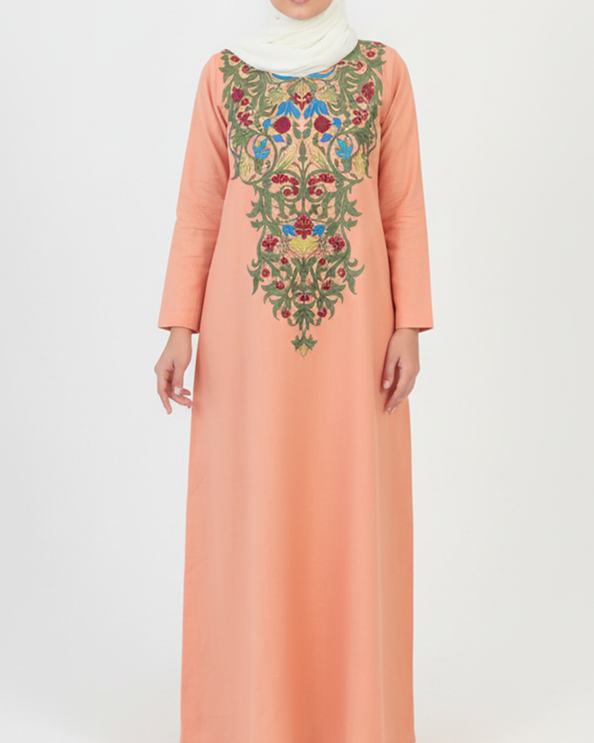 Pure Linen Embroidery Jalabiya - Peach