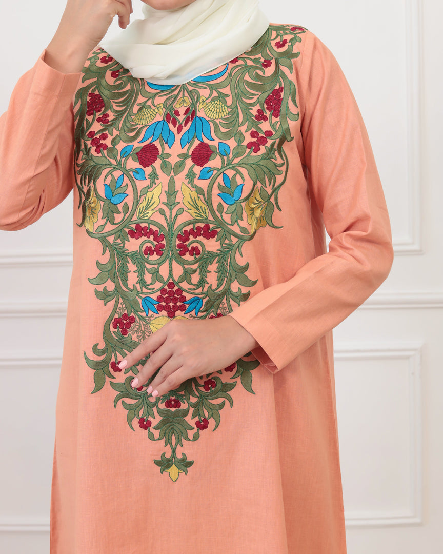 Pure Linen Embroidery Jalabiya - Peach