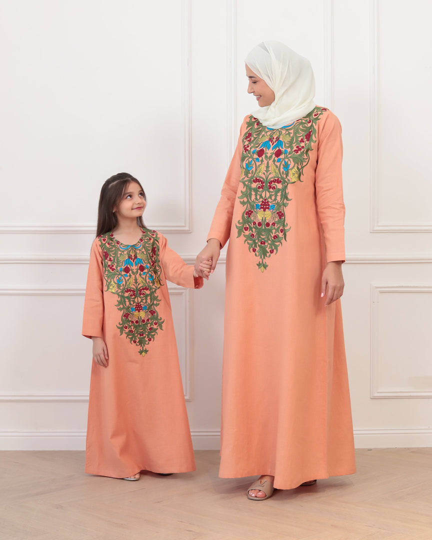 Pure Linen Embroidery Jalabiya - Peach
