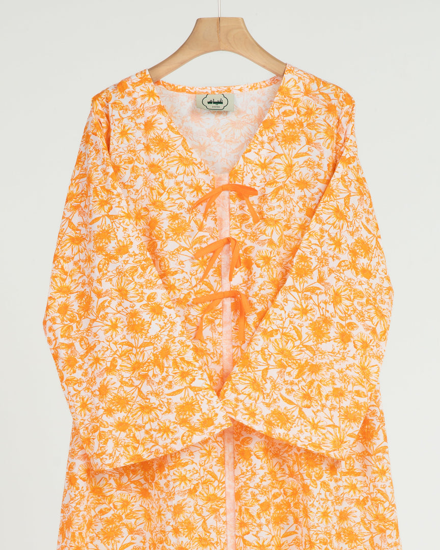 Cambric Cotton - Triple Ribbons  jalabiya +Shailah - Orange Flowers