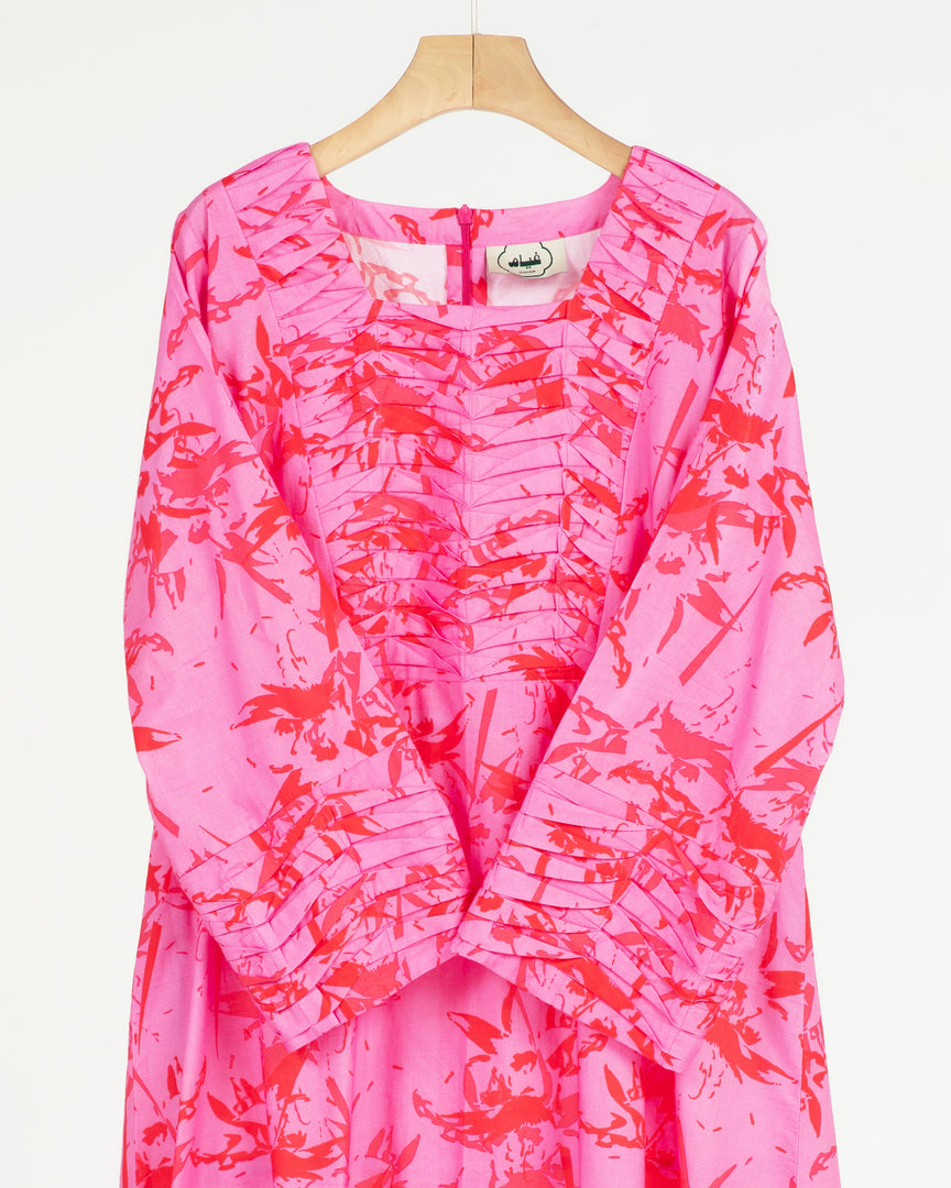 Indian Cotton Large Twisted Pleats +Shailah - Vivid Pink & Red