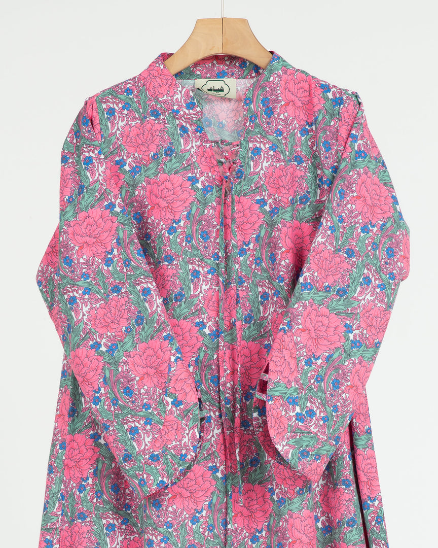 Turkish Cotton Tie-Up neckline Jalabiya +Shailah - Pink Roses Garden