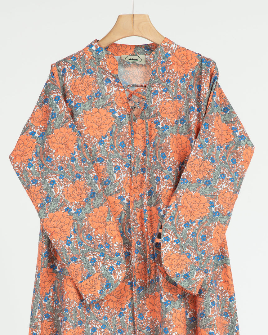 Turkish Cotton Tie-Up neckline Jalabiya +Shailah - Orange Roses Garden
