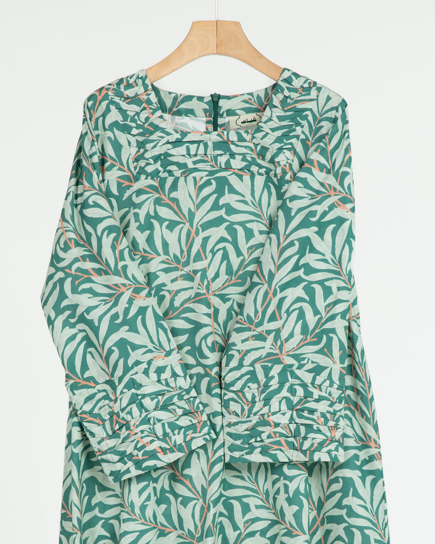 Indian Cotton Small Twisted Pleats +Shailah - Green Leaves