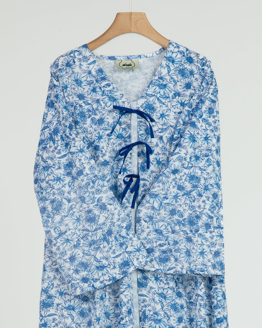 Cambric Cotton - Triple Ribbons  jalabiya +Shailah - Blue Flowers