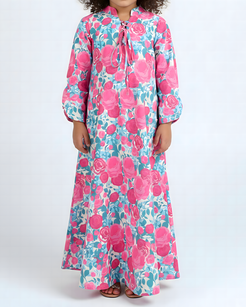 KIDS Tie-Up neckline Jalabiya - Pink and Blue Roses
