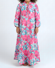 KIDS Tie-Up neckline Jalabiya - Pink and Blue Roses