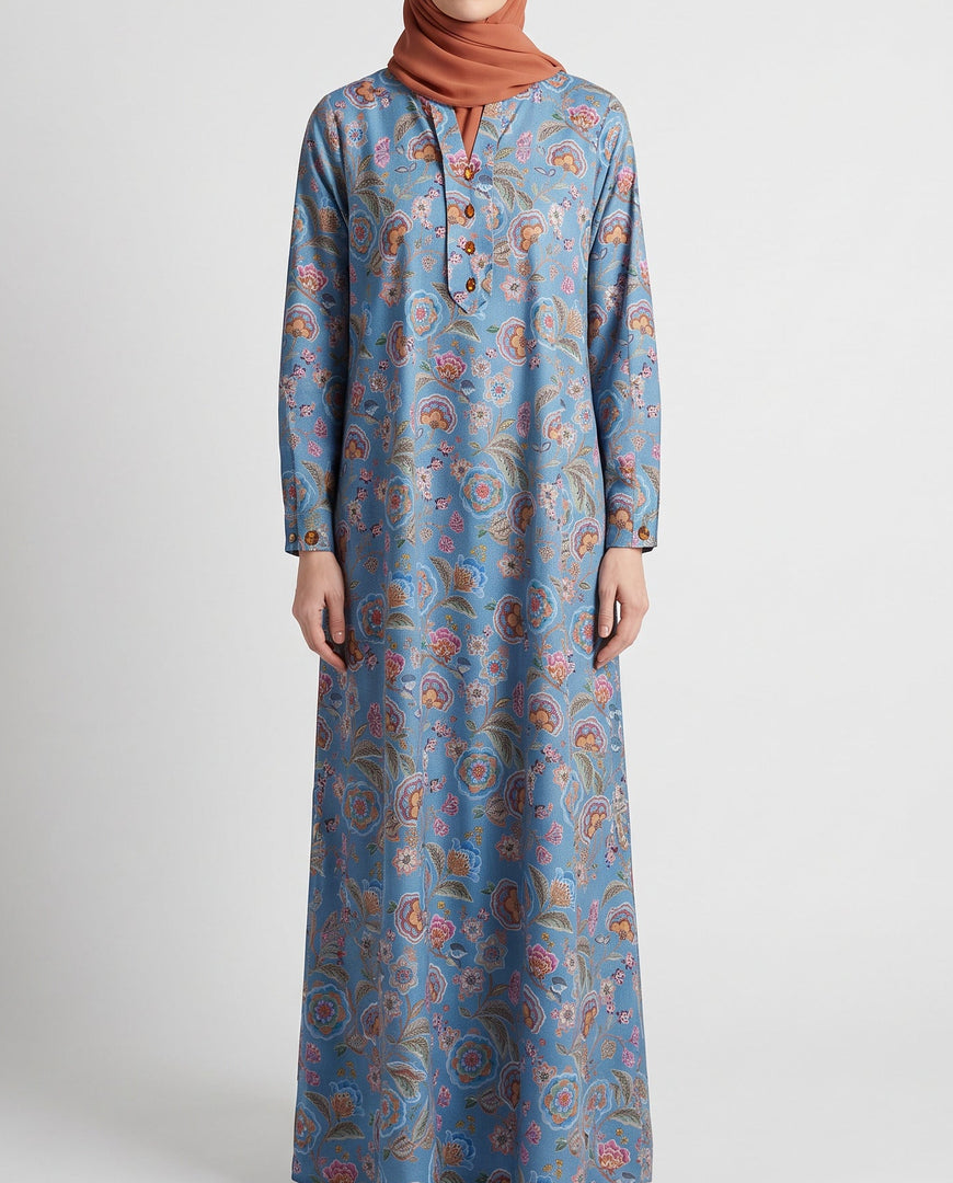 BEDAZZLED COLLECTION - Pleated V-neck Jalabiya - Blue Garden Motifs