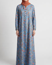 BEDAZZLED COLLECTION - Pleated V-neck Jalabiya - Blue Garden Motifs