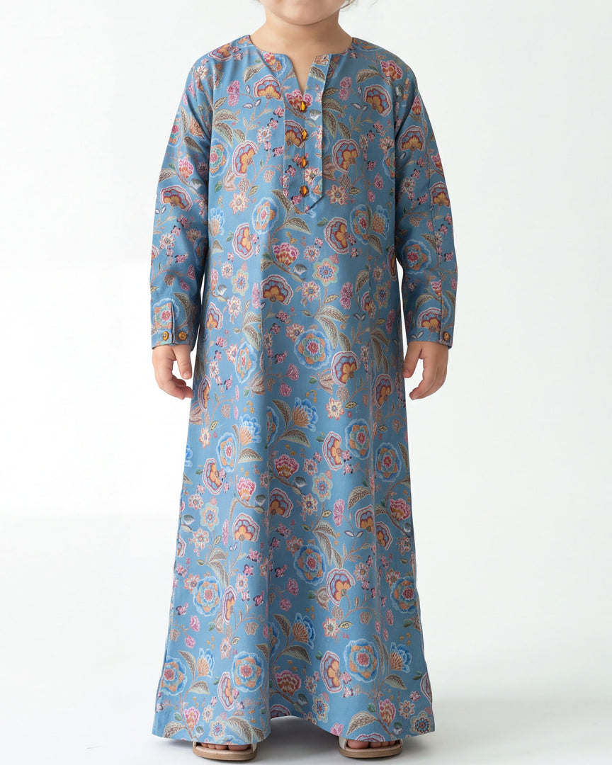 KIDS BEDAZZLED COLLECTION - Pleated V-neck Jalabiya - Blue Garden Motifs