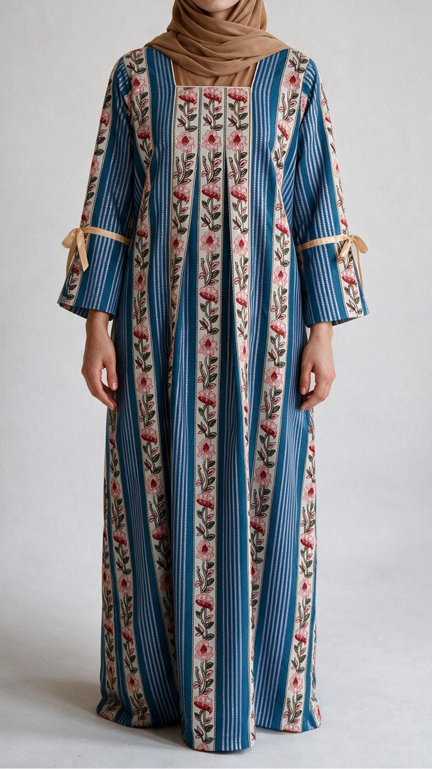 Pleated Tie Sleeve Jalabiya - Blue