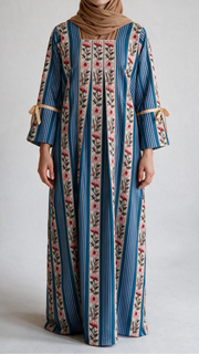Pleated Tie Sleeve Jalabiya - Blue