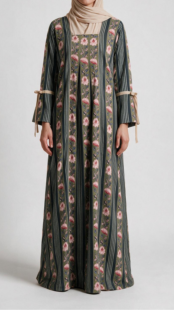 Pleated Tie Sleeve Jalabiya - Grey